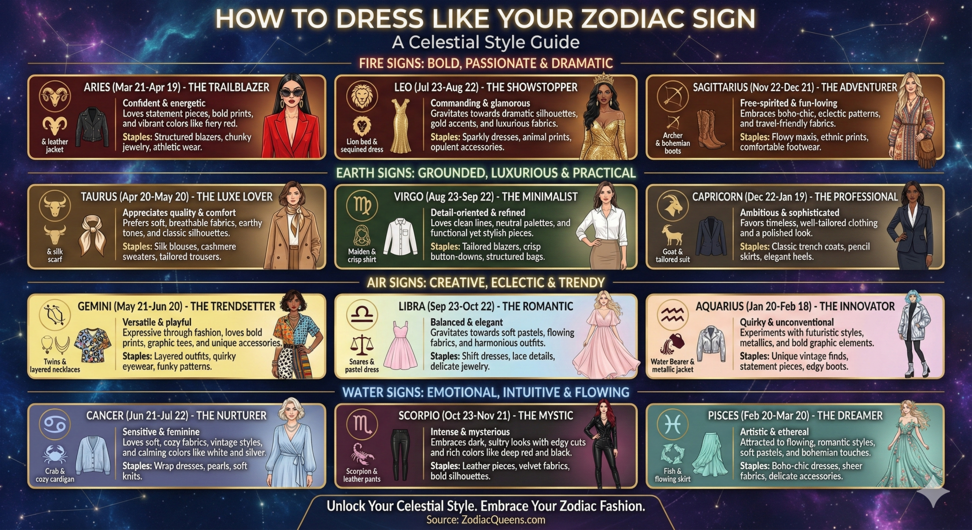 How to Dress Like Your Zodiac Sign - Style Guide - Zodiac Queens